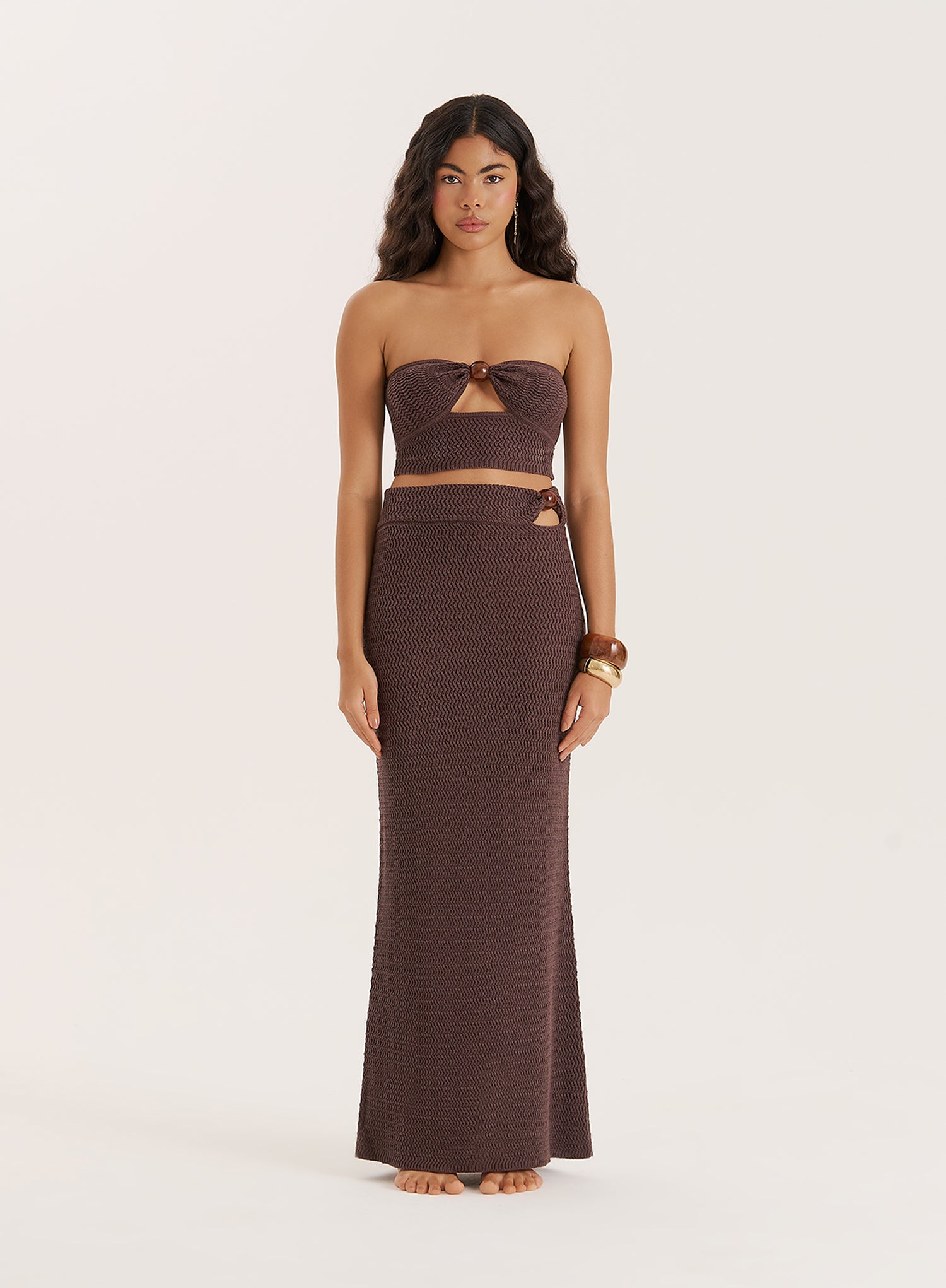 Brown Knitted Bead Detail Bandeau Top